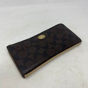 Coach Signature Monogram Zip Around Long Wallet Brown Tan Hardware
